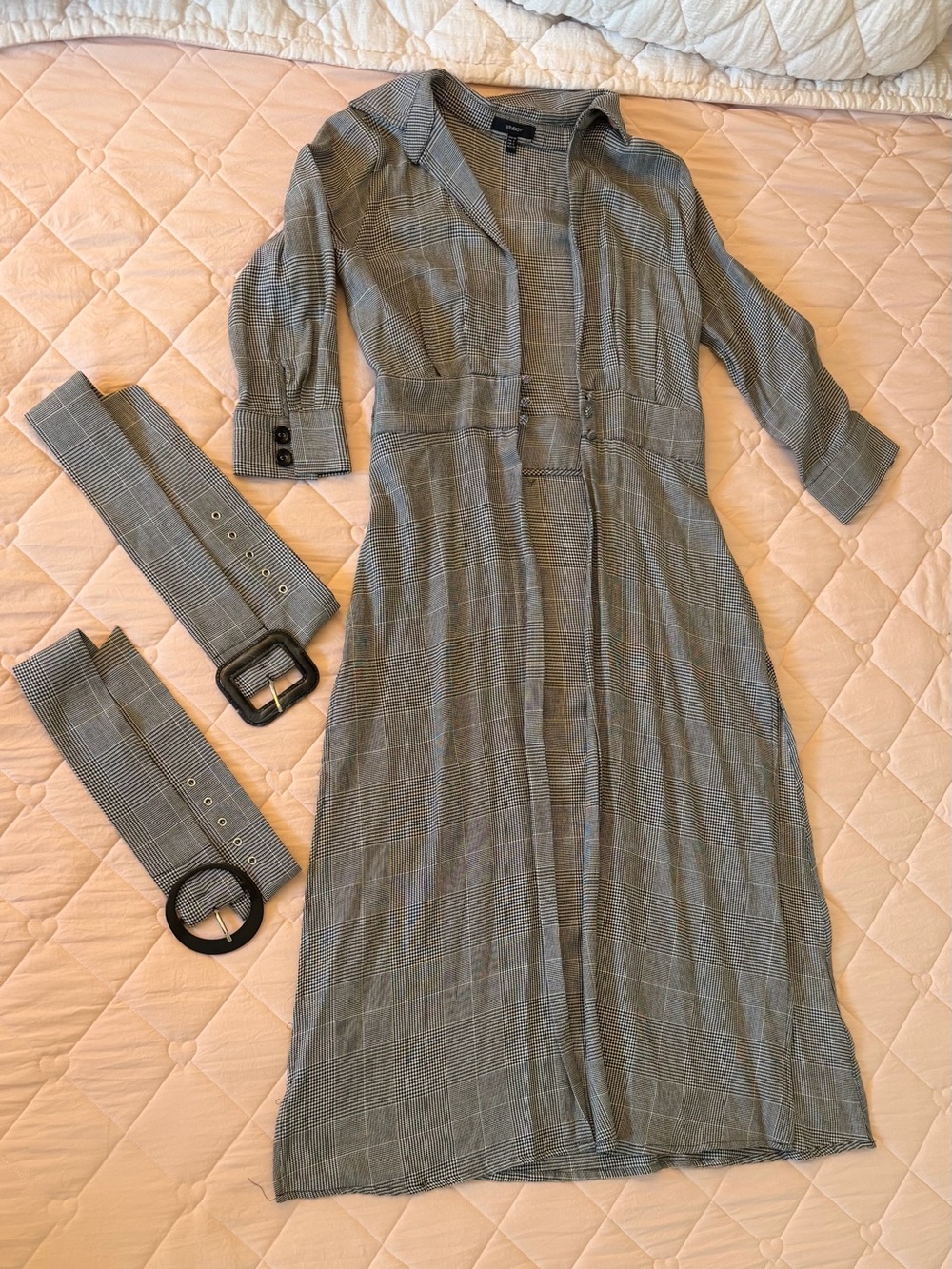 Checked Long-Sleeve Shirt Dress with Removable Belt - Gray
